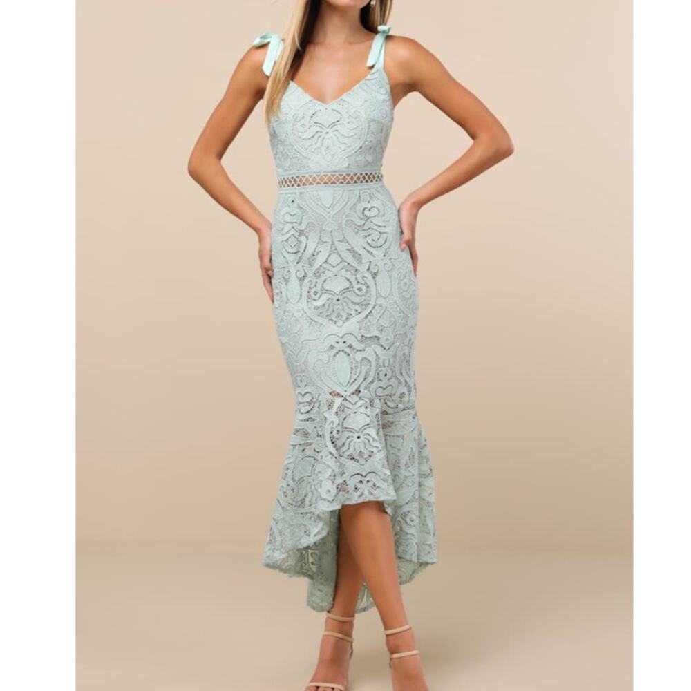 NEW Lulus Won Your Heart Sage Green Lace Tie-Strap High-Low Midi Dress Small